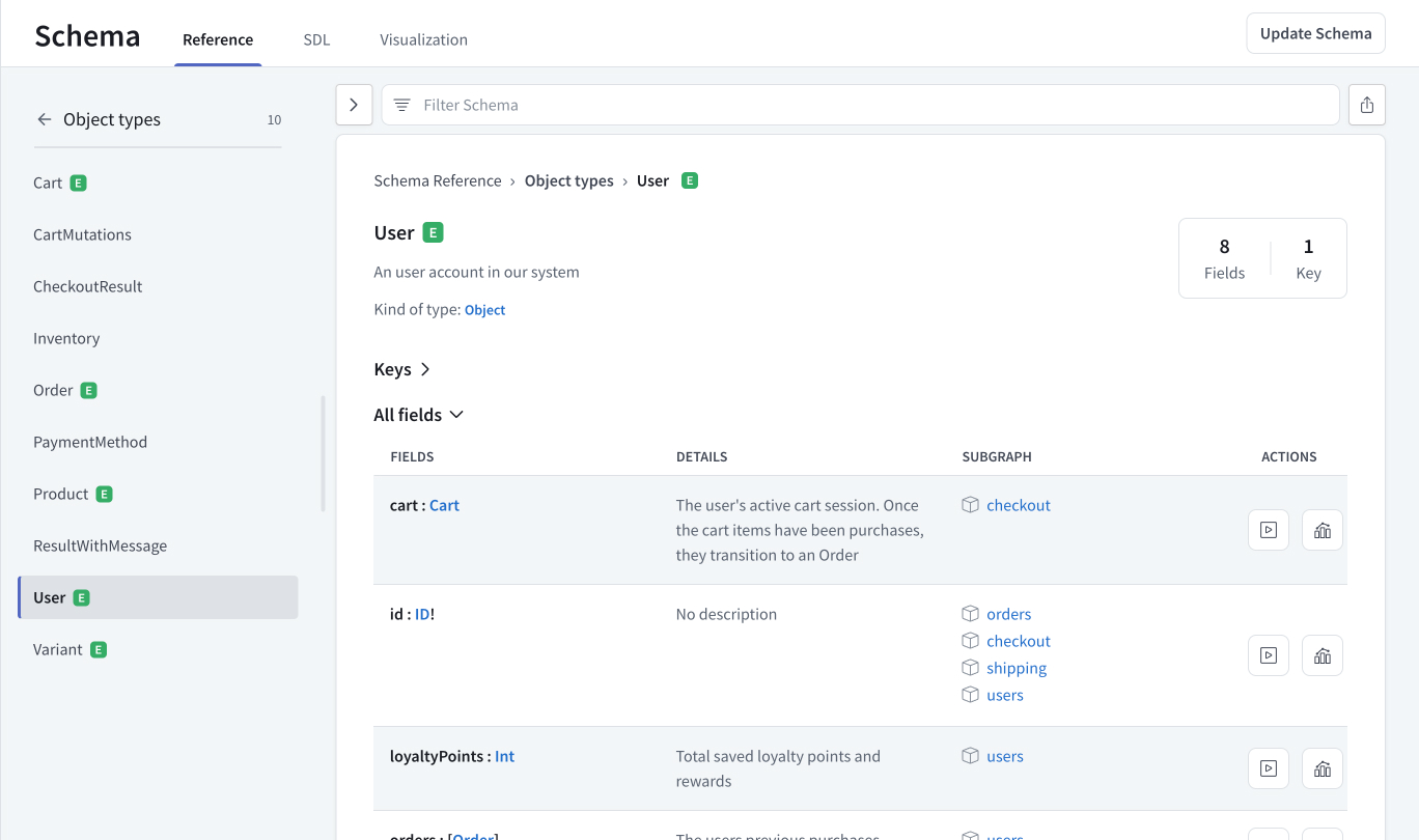 The GraphOS Studio Schema Reference page shows filterable list of types and fields.