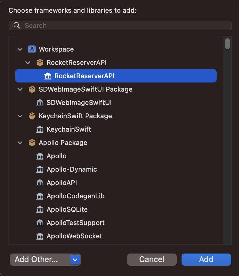 Link binary with libraries dialog