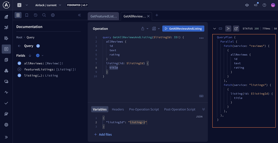 Query plan preview in text format, showing which subgraph each field is fetched from