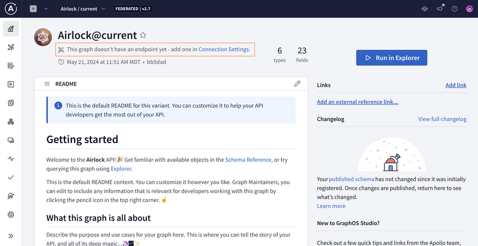 The graph README page, highlighting that the graph does not yet have an endpoint