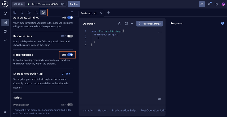 Accessing the Settings panel to turn on mocked responses