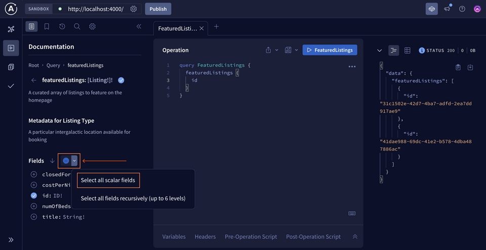 Clicking the Fields dropdown in the Documentation panel