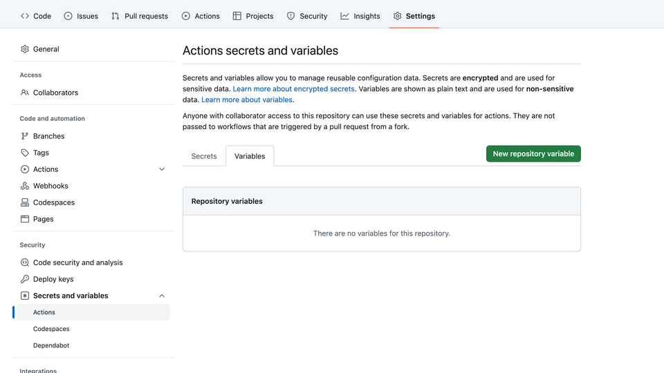 GitHub Actions - Variables - new repository variable