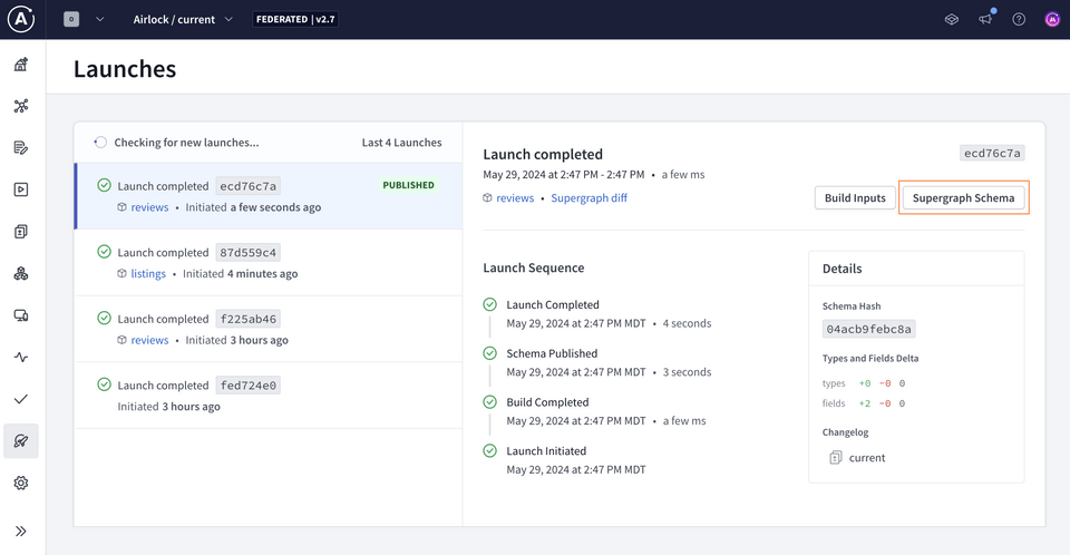 The Studio Launches page, highlighting the Supergraph Schema button