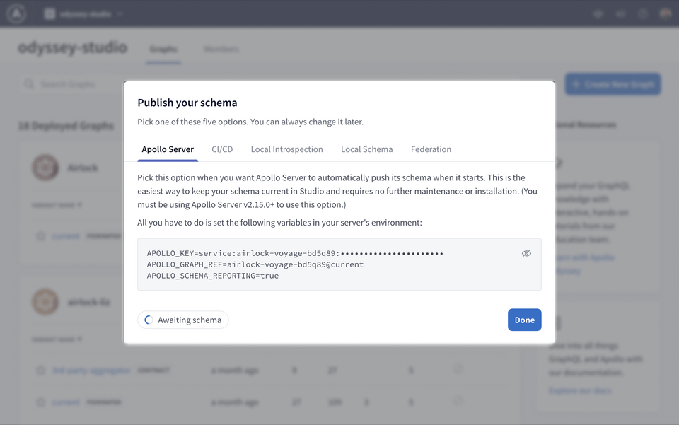 The Publish your schema modal, showing our graph's environment variables