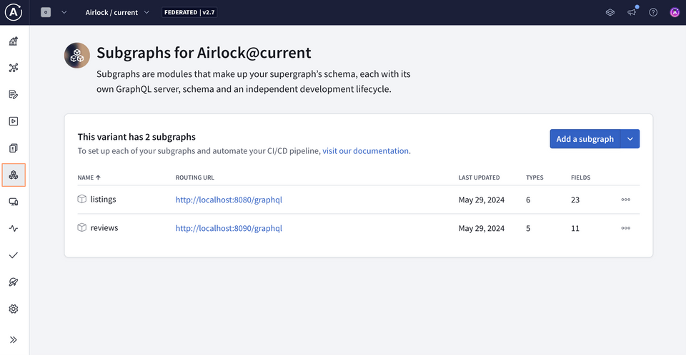 A screenshot of the Subgraphs page, showing two subgraphs: listings and reviews