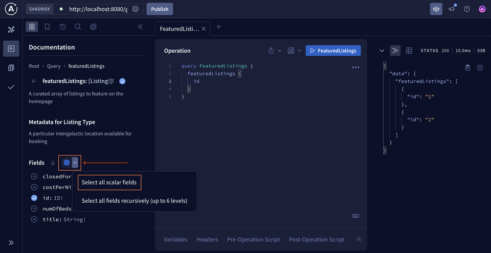 Clicking the Fields dropdown in the Documentation panel