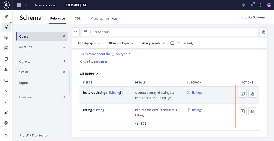 The Schema reference page in Studio, showing the Query type with two fields: featuredListings and listing