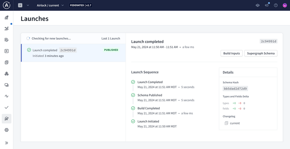 The Launches page in Studio, showing that changes were made to our graph