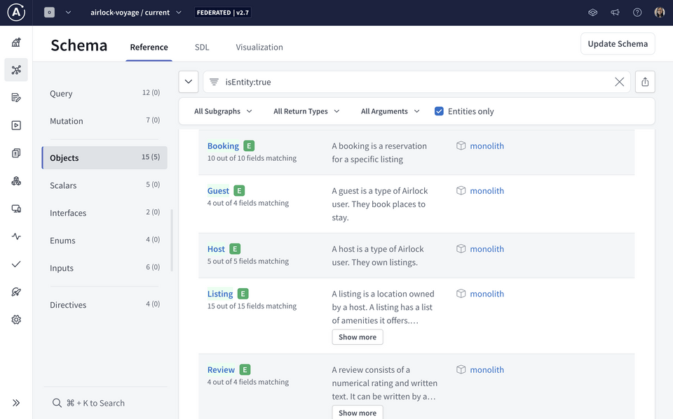 Sandbox showing Schema page with list of entities