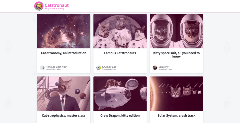 The UI of our Catstronauts app, displaying a number of track cards