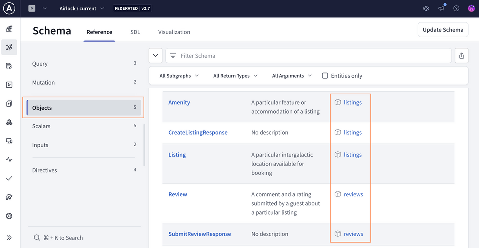 The Schema page in Studio, showing the object types and which subgraph provides them