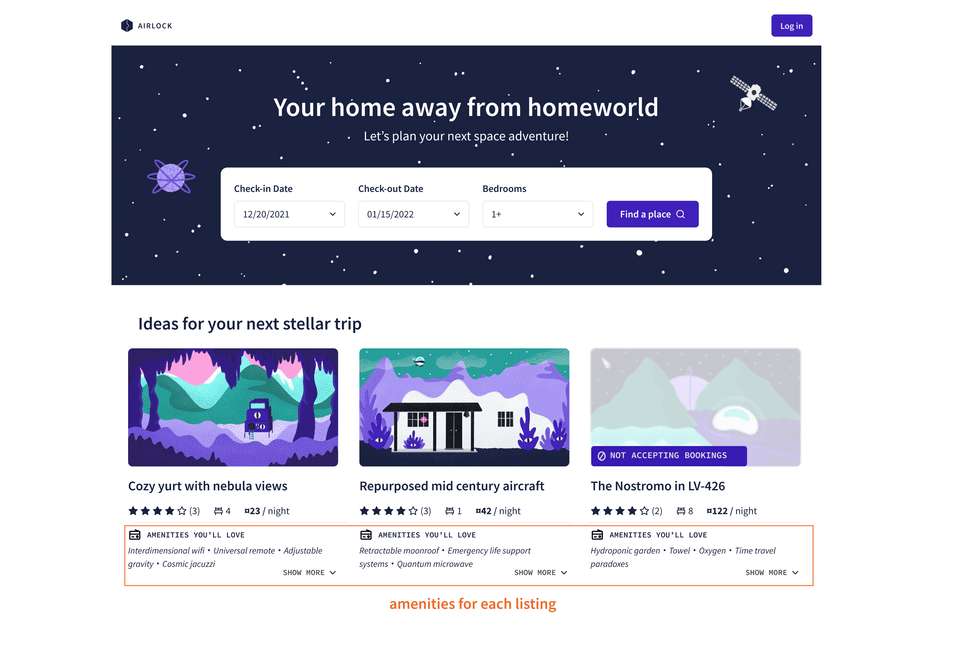 A mock-up for Airlock, showing a row of featured listings and their amenities