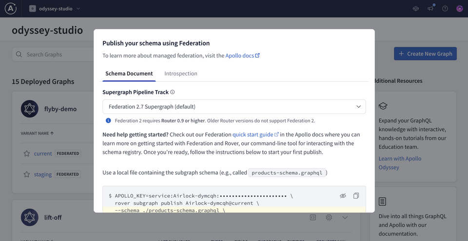 A modal window showing options for publishing the schema for our graph