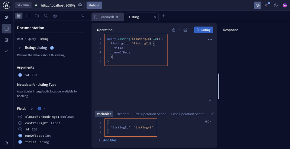 The Explorer Operation panel, with a query for a particular listing's title and number of beds, along with the listing ID variable