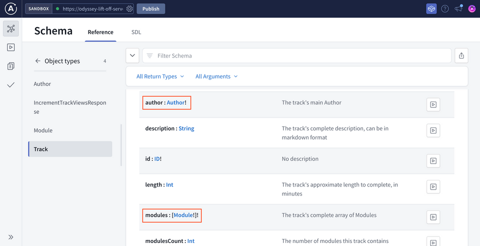 The fields on the Track type, highlighting the author and modules fields which each return an object type