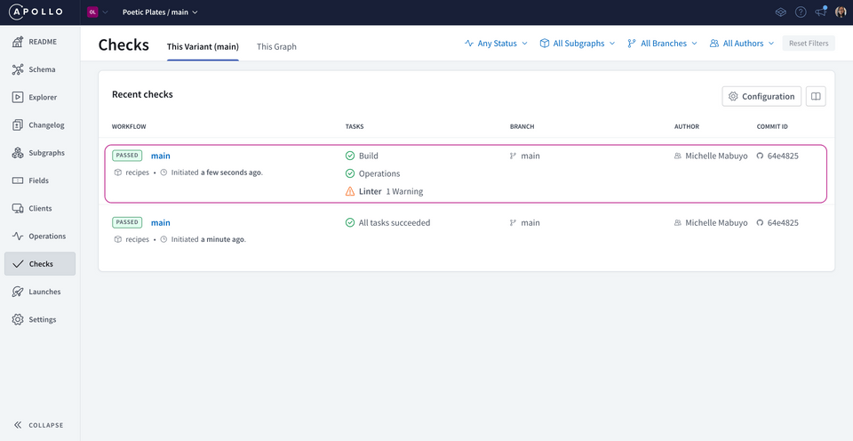 The Studio Checks page showing the results of the latest schema check, which failed