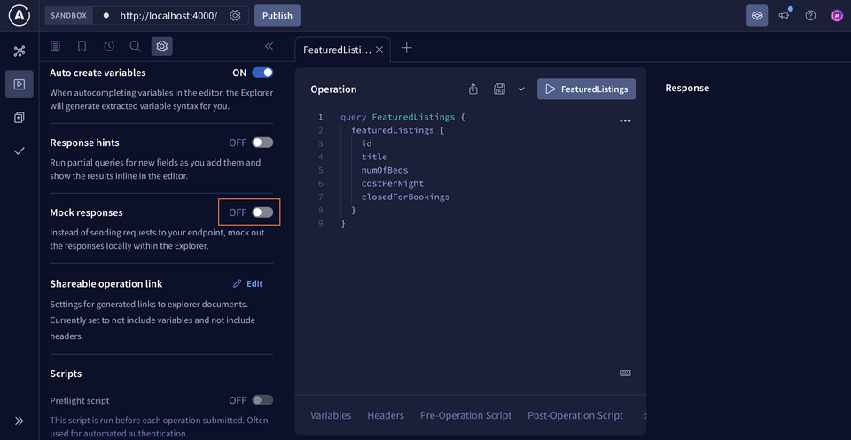 The Explorer open to the Settings panel, where Mock Responses is highlighted and the toggle is set to OFF