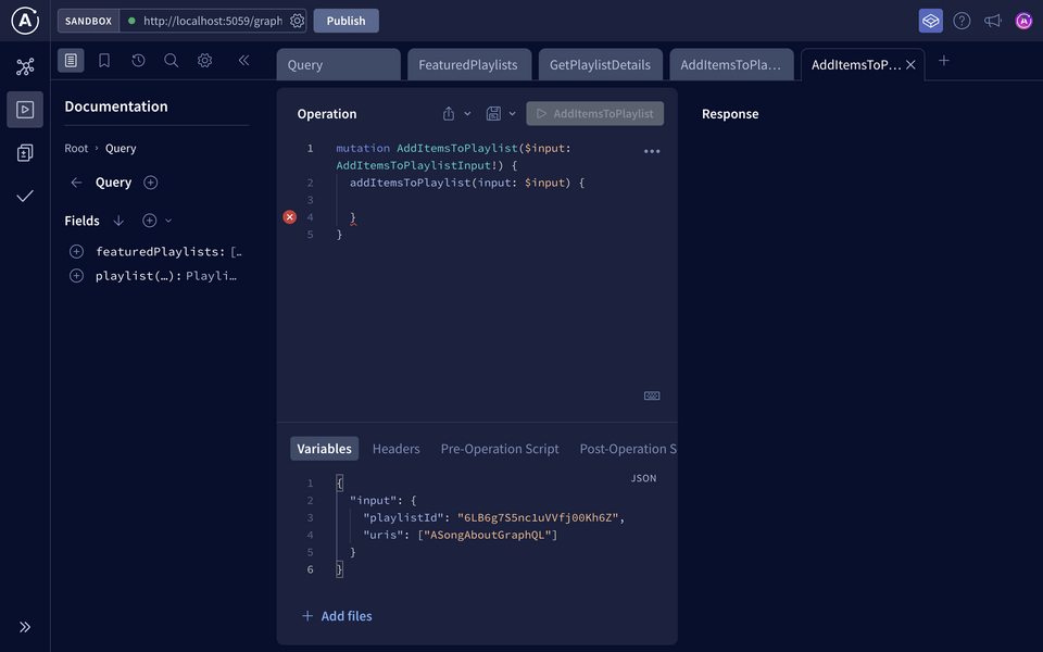 Explorer - AddItemsToPlaylist mutation adding variables for input