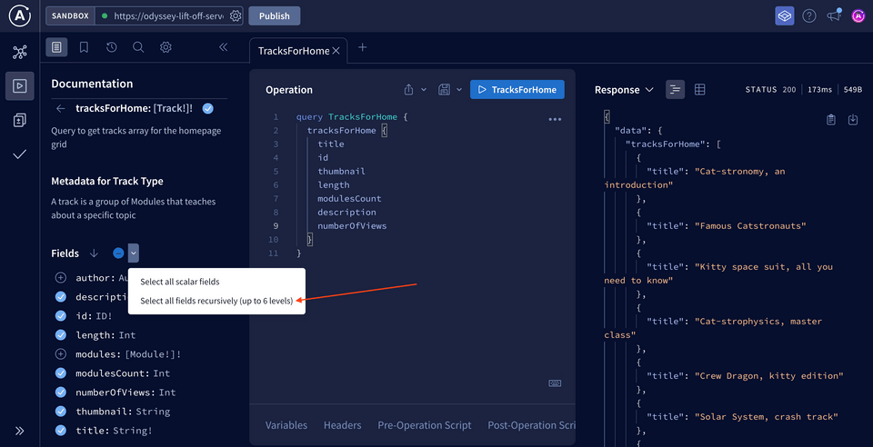 The Fields dropdown, showing the option to select all fields recursively.