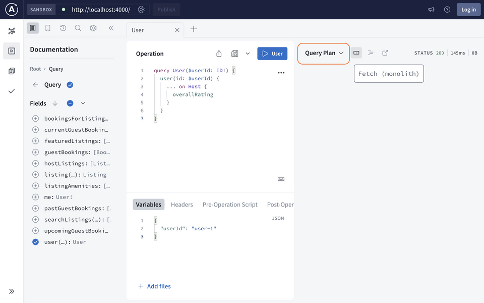 Query plan showing only the monolith subgraph