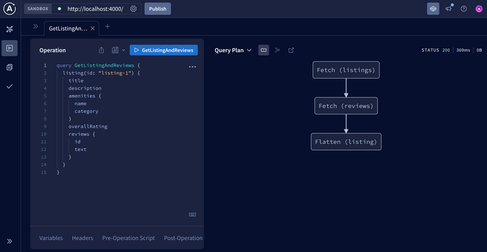 The operation in Sandbox, with the Query Plan Preview opened, showing a linear path to retrieve data from both subgraphs