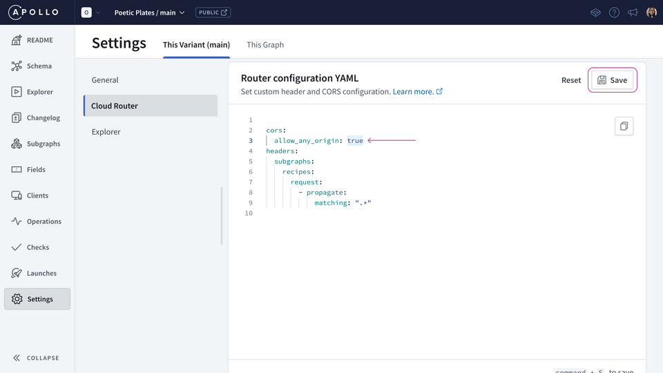 The Router Configuration page in GraphOS Studio, with localhost added and the Save icon emphasized