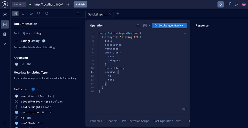 Sandbox with our dream query syntax written into the Operation panel