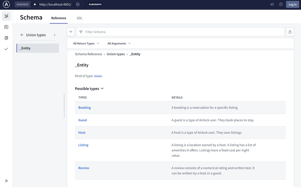 Sandbox showing Schema page with list of entities