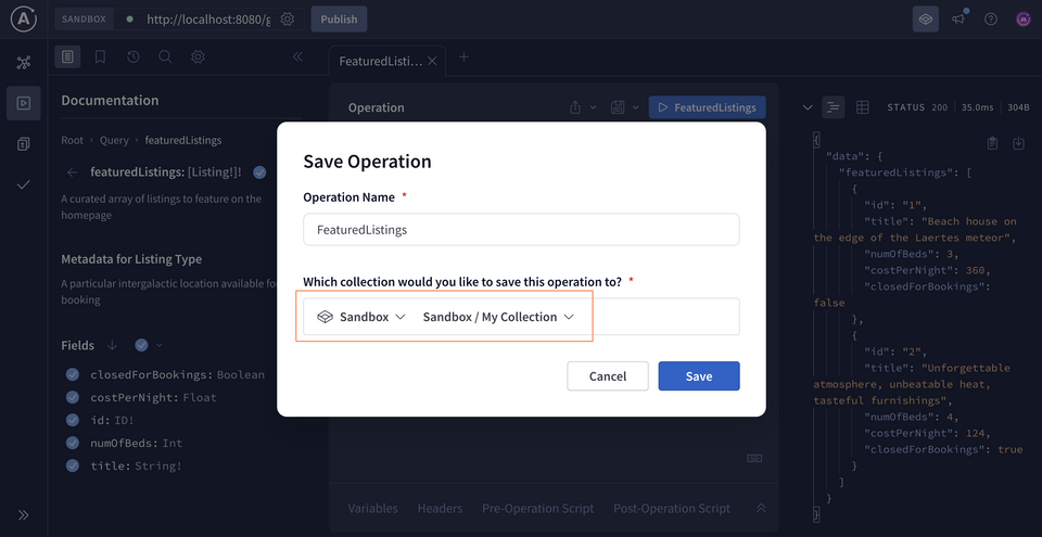 Saving the FeaturedListings operation in a new Sandbox collection