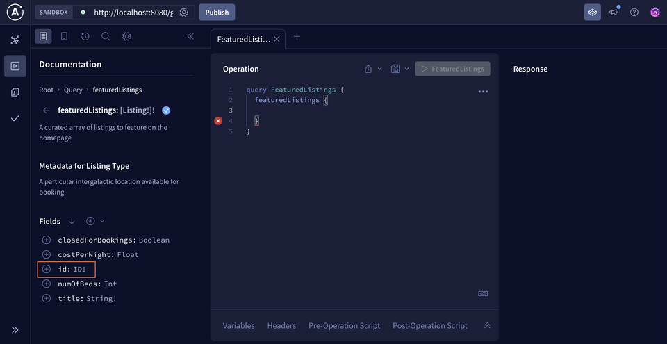 Highlighting the id field we want to add to our query