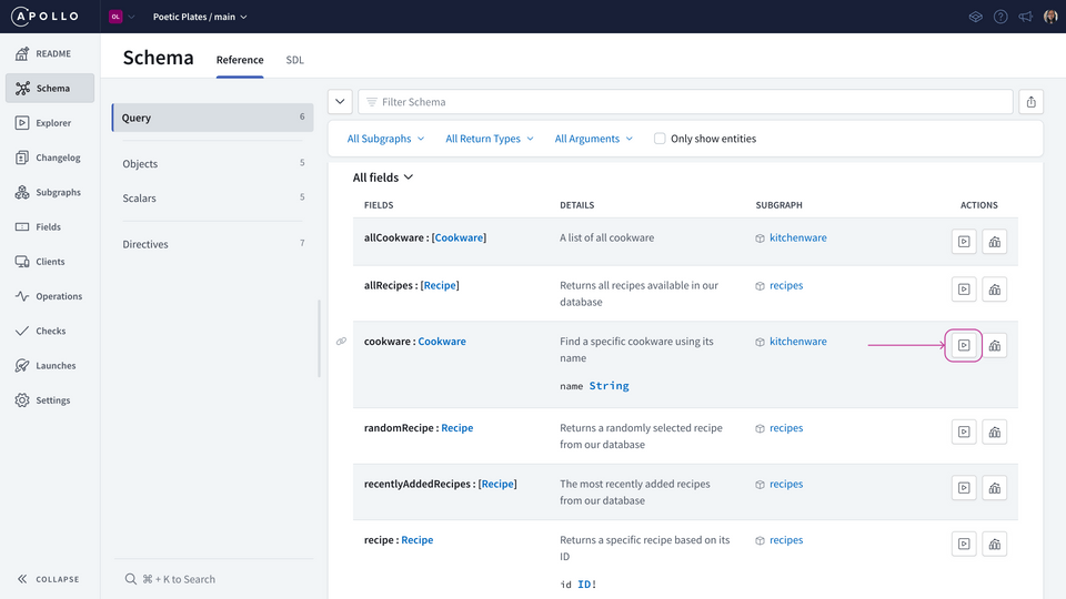 Schema reference page in Studio, click the play icon next to the cookware field