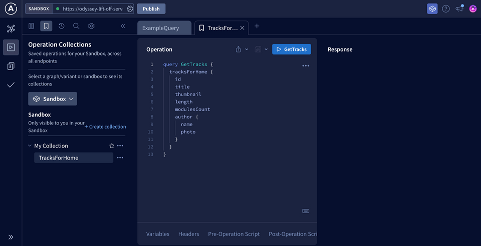 Clicking on an operation saved in a collection to insert it into the Operation panel.