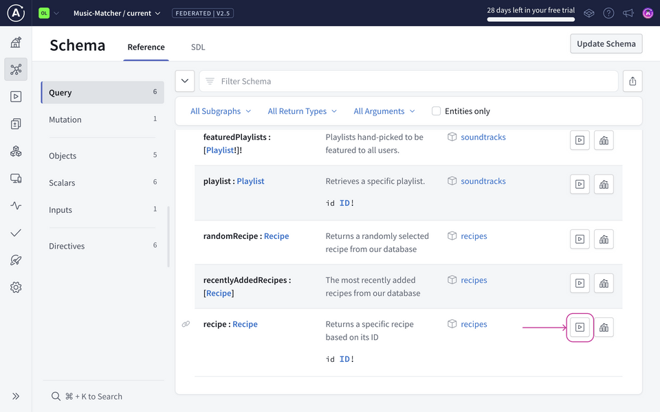 Schema reference page in Studio, click the play icon next to the cookware field