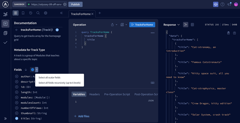 Opening the Fields dropdown to see options to add all fields to a query in Apollo Explorer.