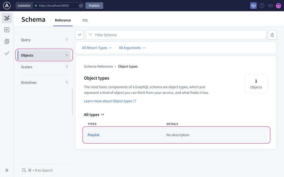 Sandbox showing Schema Reference and Objects selected