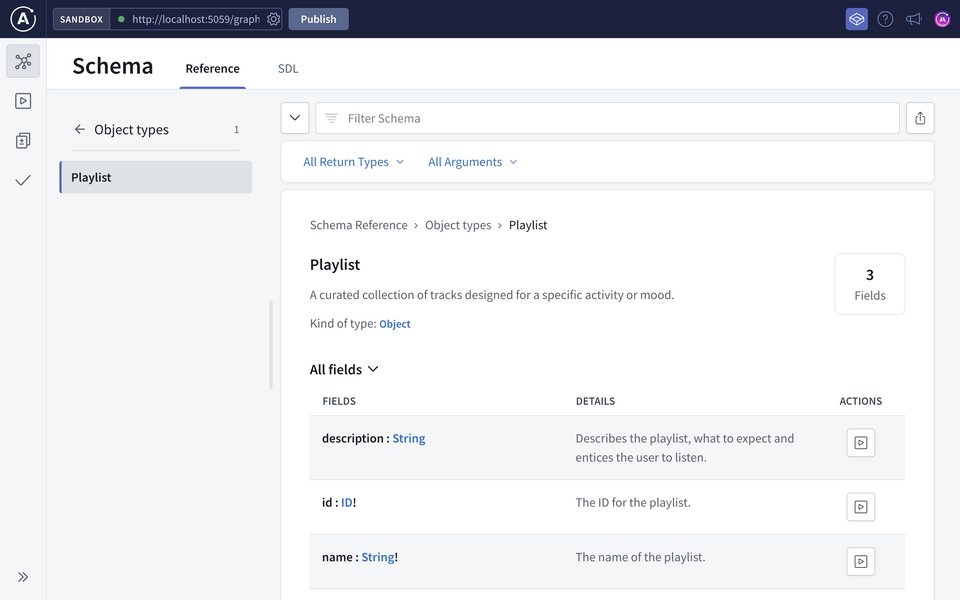 Sandbox showing Playlist schema with descriptions