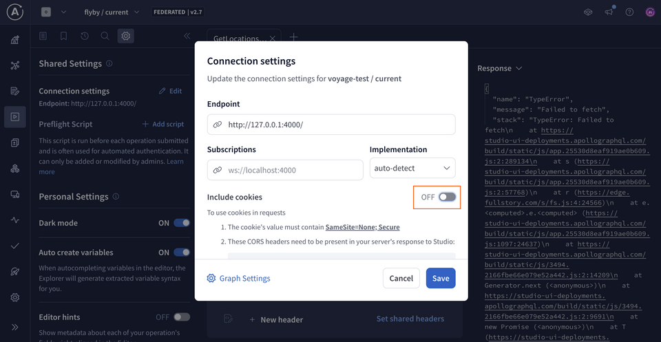 A screenshot showing Explorer with the Connection settings modal open. There is a box highlighting that Include cookies should be in the off position