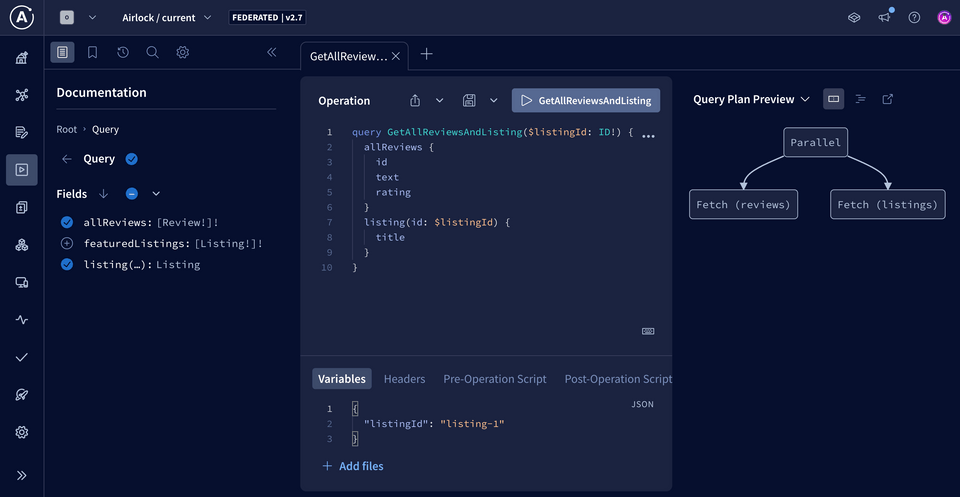 The Response panel opened to the Query Plan, which shows how the router will execute the query to the subgraphs