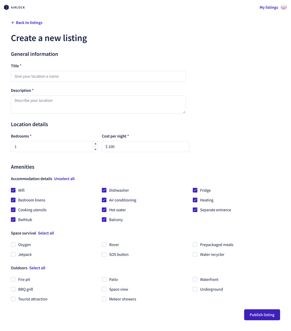 A mockup showing a view that lets us create a new listing by specifying its pertinent properties