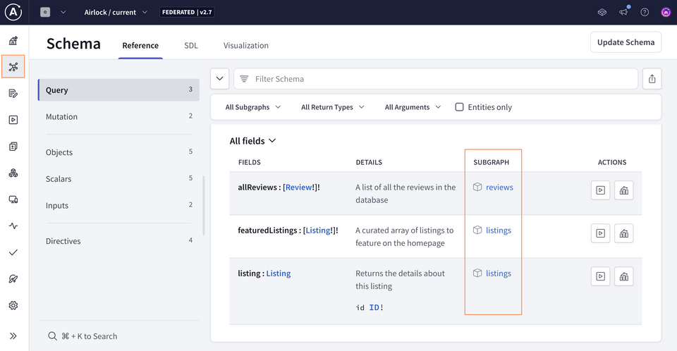 The Schema page in Studio, showing fields on the Query type and which subgraph provides them