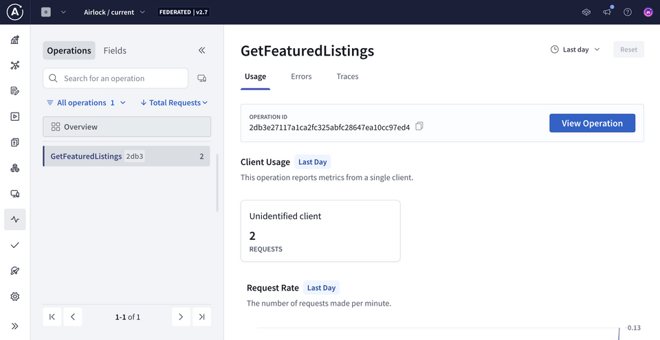 The Insights page in Studio, filtered to show metrics for a specific operation: GetFeaturedListings