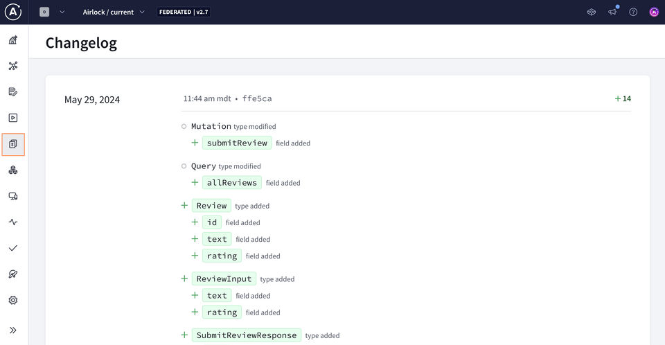 The Changelog page in Studio, showing additions to the schema from the reviews subgraph