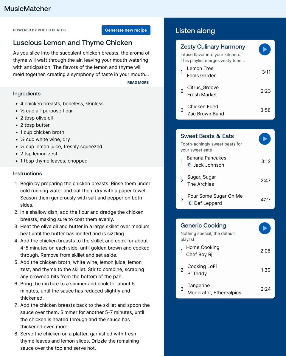 Music Matcher Mockup of a recipe and recommended playlists