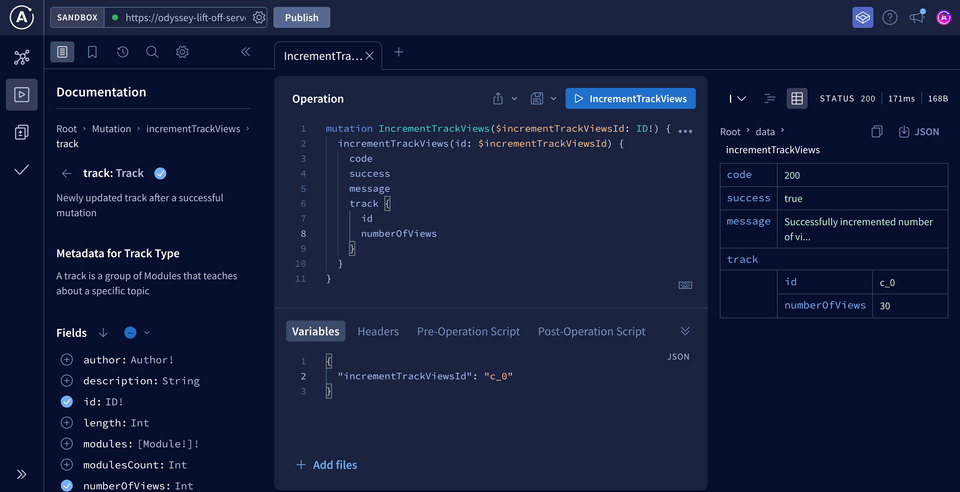 Screenshot of the Explorer showing a successful response to the IncrementTrackViews mutation