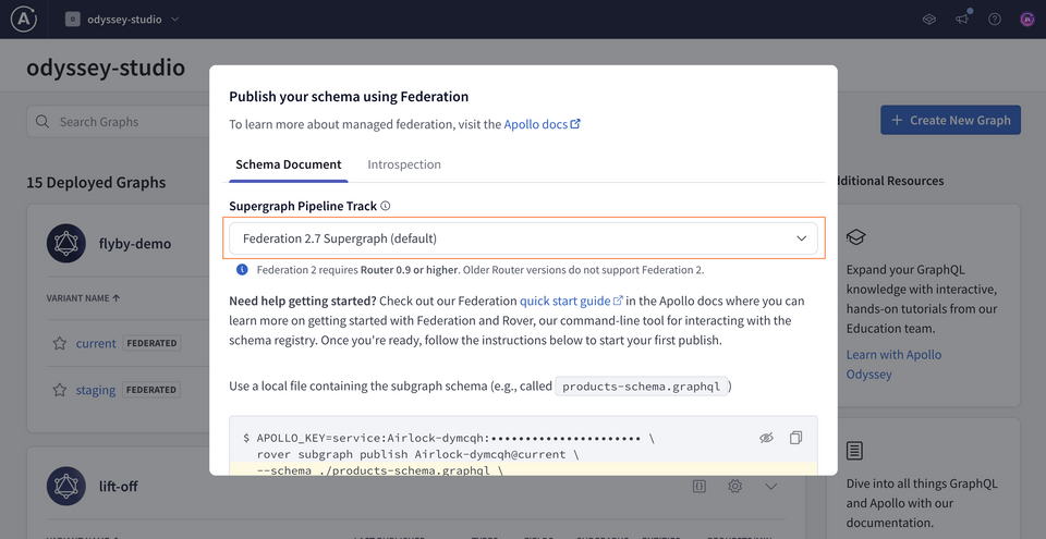 The schema publish modal, highlighting the Supergraph Pipeline Track dropdown