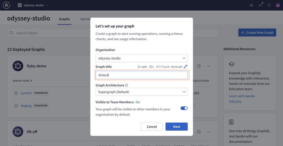 The create graph modal in Studio, filled out with the name Airlock