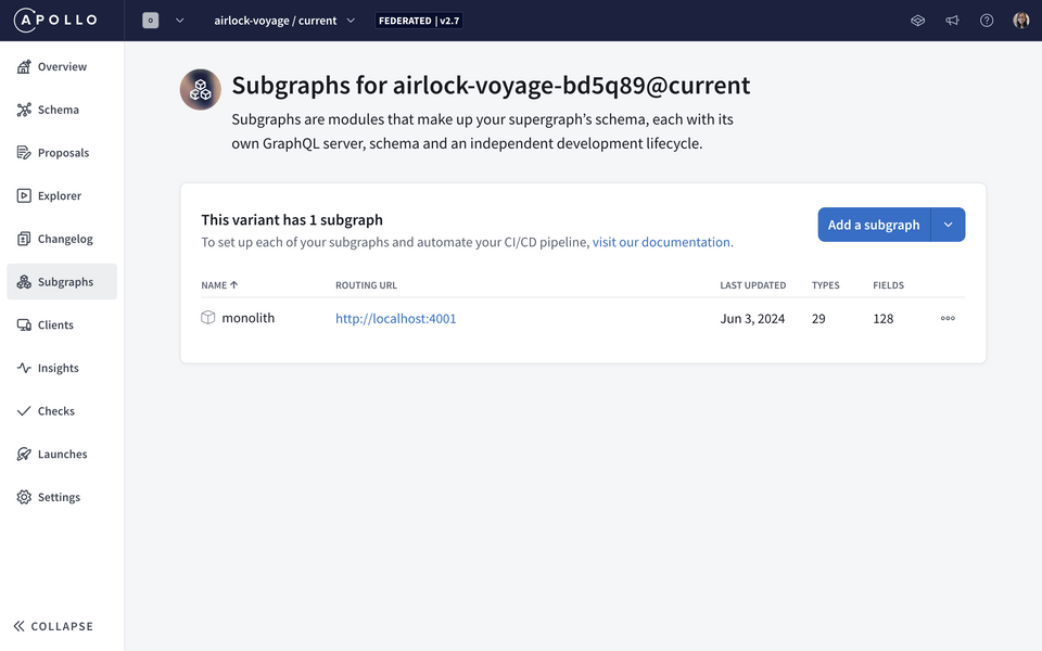 Subgraphs page showing monolith