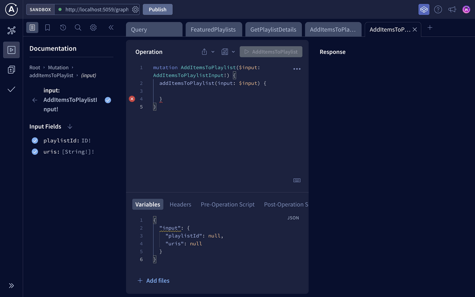 Explorer - AddItemsToPlaylist mutation adding variables for input