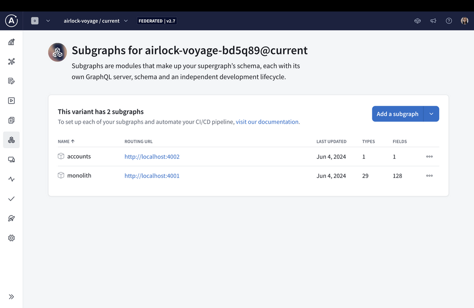 Studio Subgraphs page showing the accounts subgraph added to the list